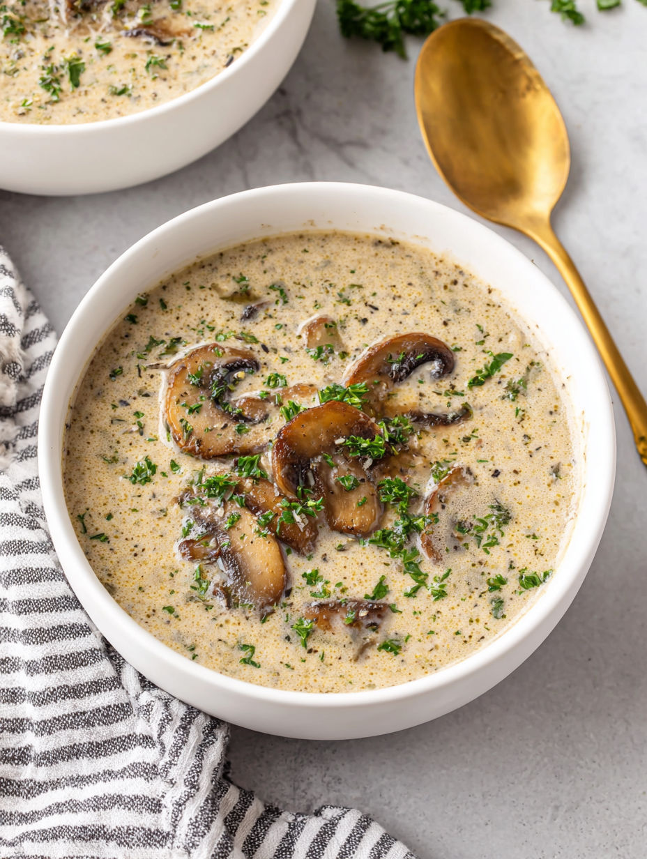 A bowl of soup with mushrooms and green herbs.