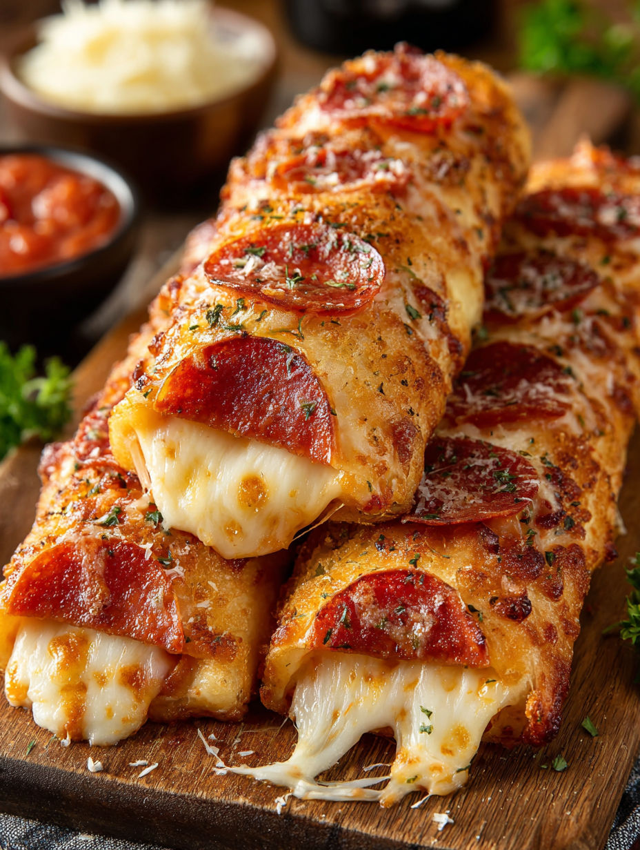 A pizza with pepperoni and cheese on a wooden board.