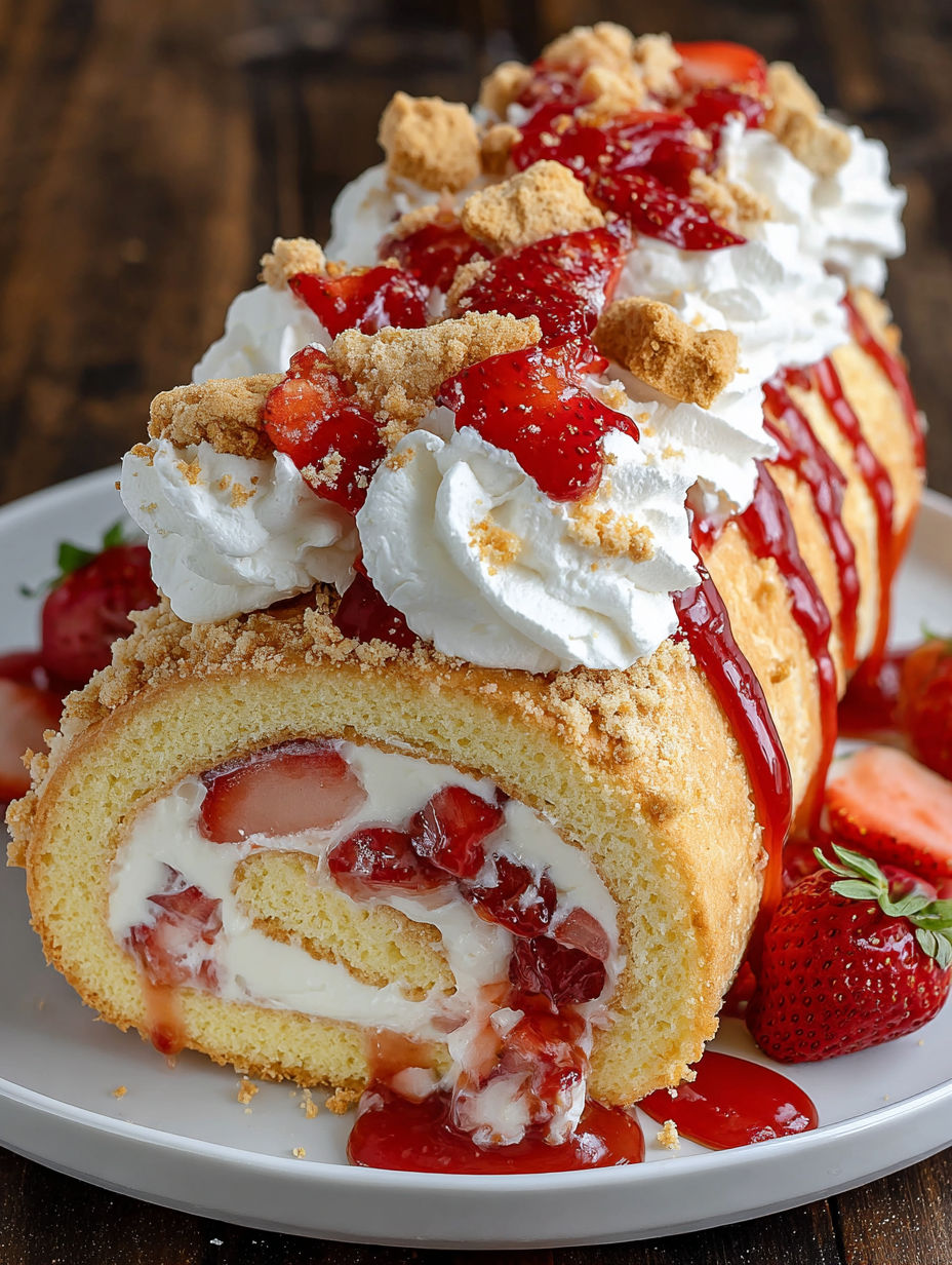 A cake with strawberries and whipped cream.