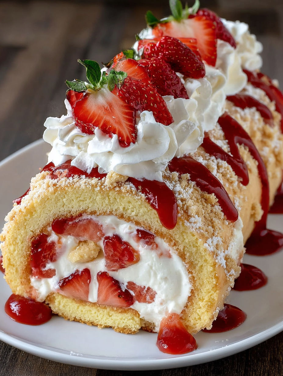 A cake with strawberries and whipped cream on top.