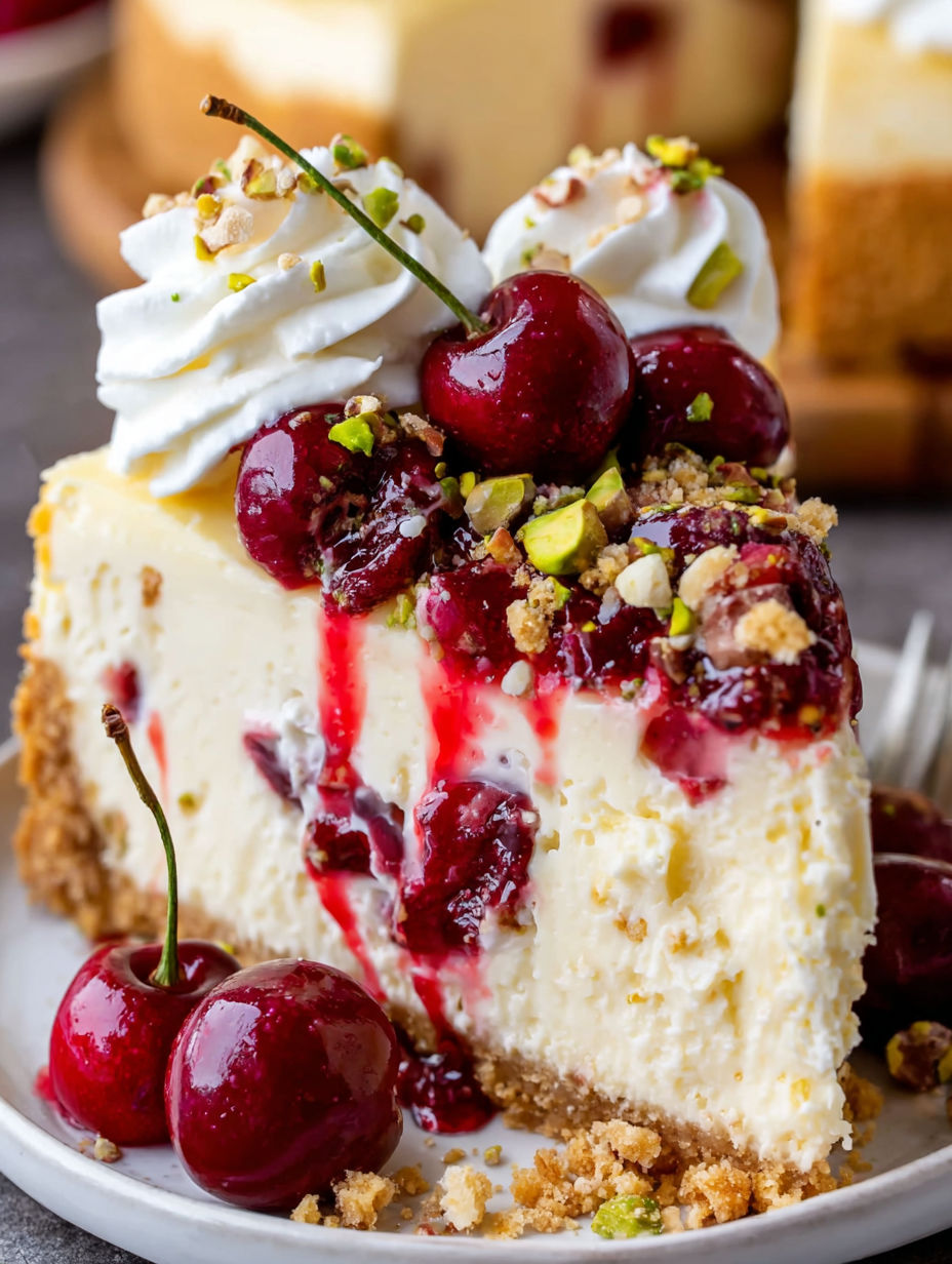 A slice of cheesecake with cherries on top.