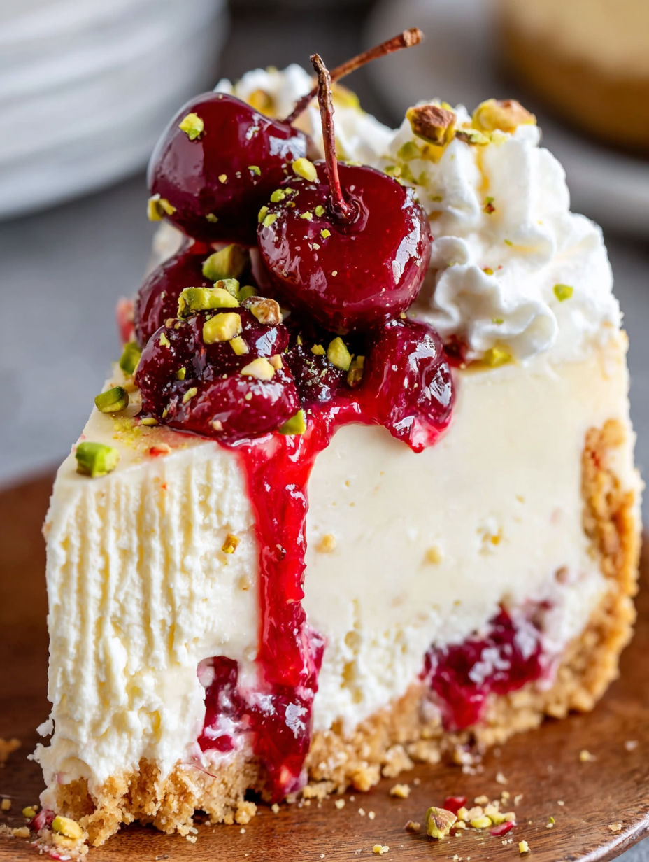 A slice of cheesecake with cherries on top.