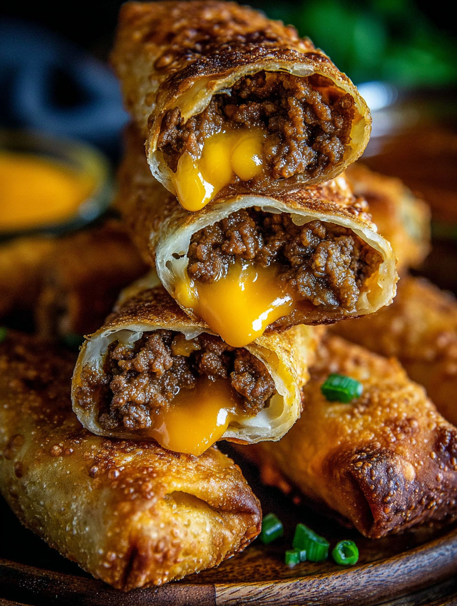 A plate of cheeseburger egg rolls.