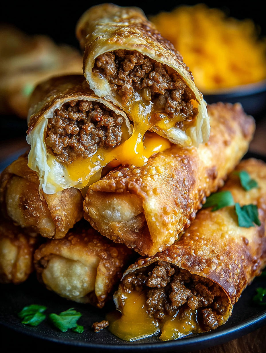 A stack of cheeseburger egg rolls.