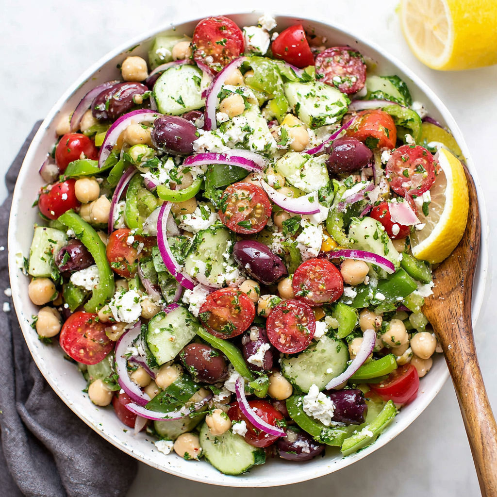 A bowl of Greek salad with tomatoes, cucumbers, olives, and chickpeas.