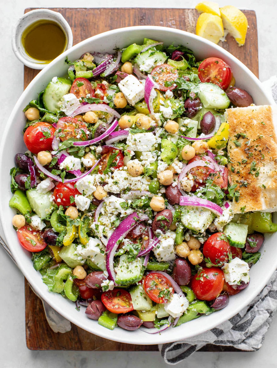 A bowl of salad with tomatoes, cucumbers, and olives.