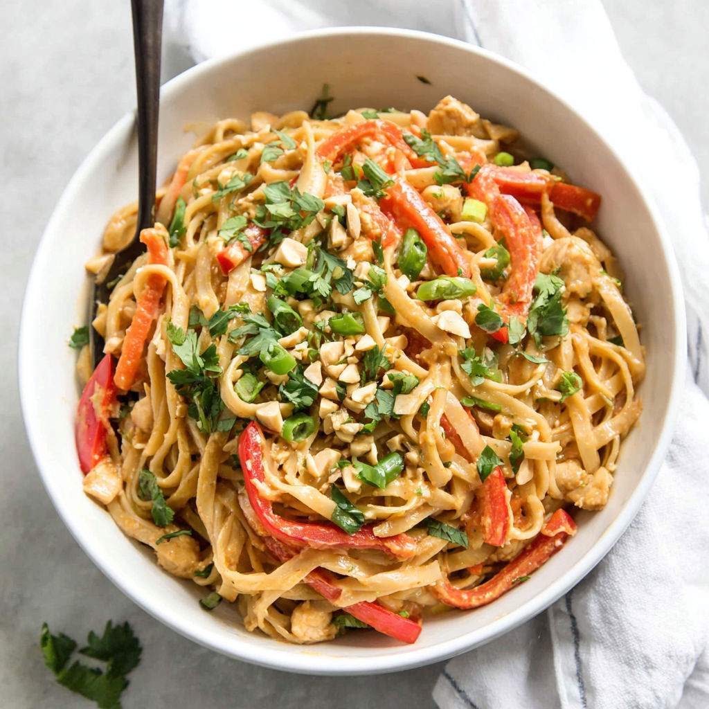 A bowl of peanut butter noodles.