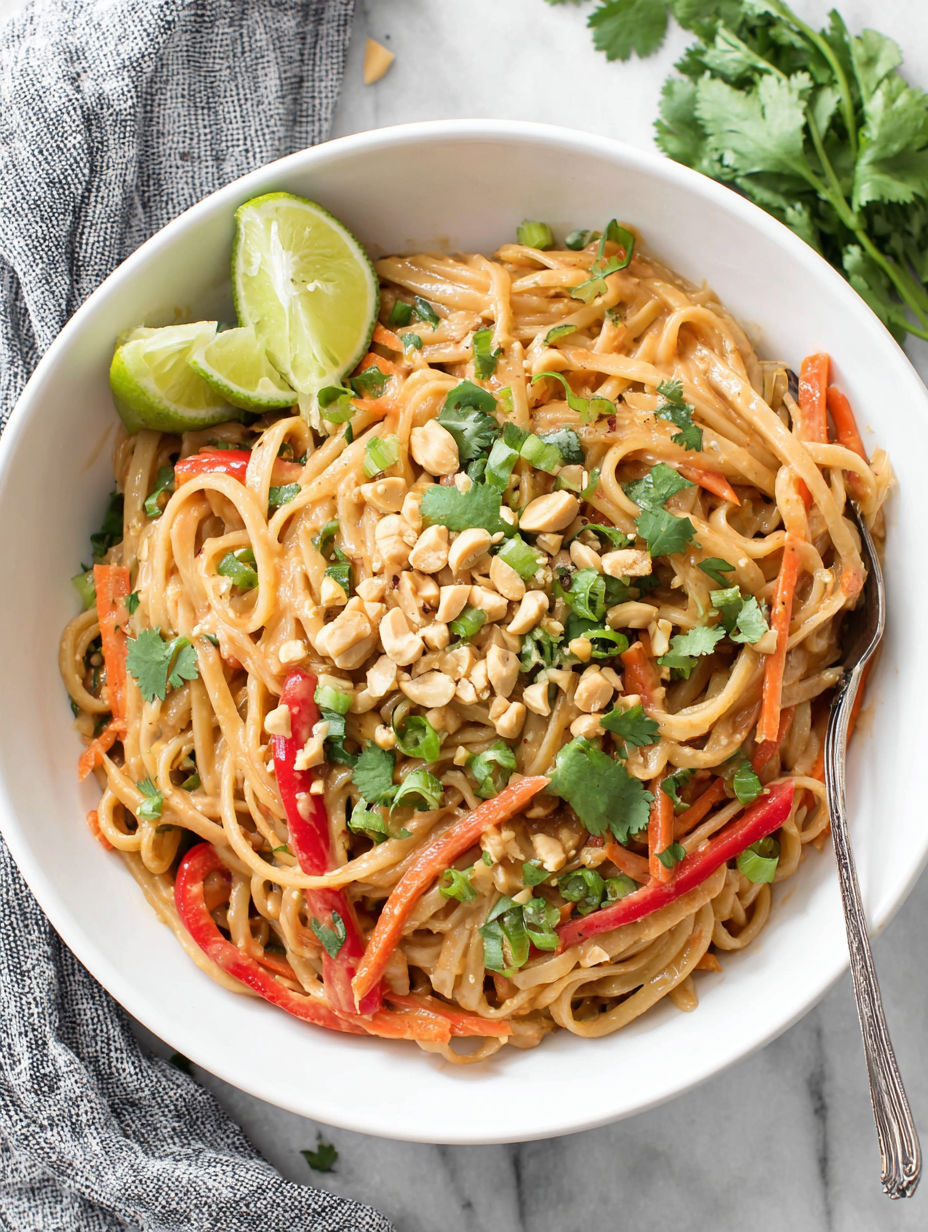 A bowl of peanut butter noodles.