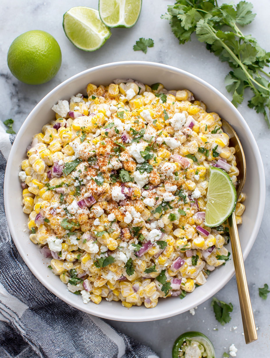 A bowl of corn with cheese and chili.