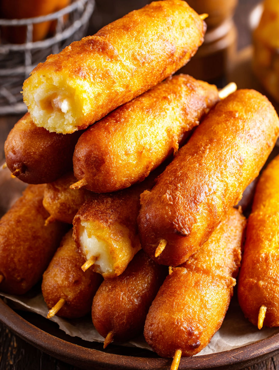 A stack of corn dogs on a plate.