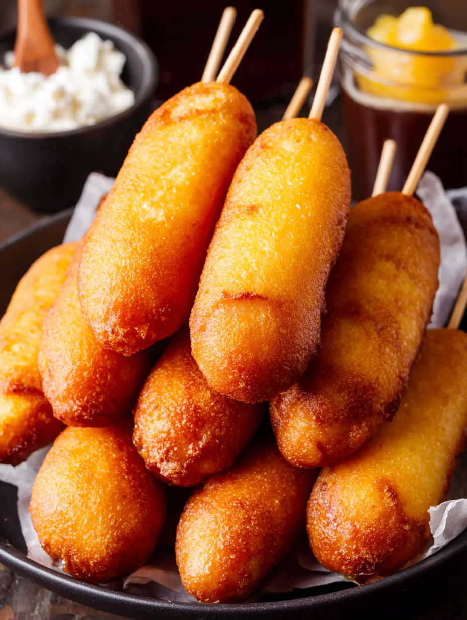 A stack of corn dogs on a plate.