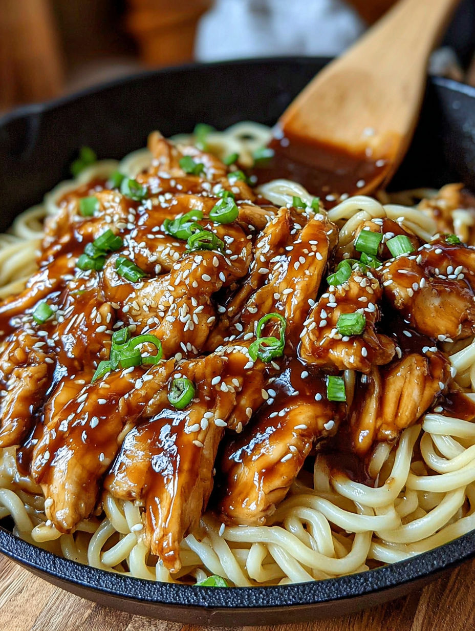 A bowl of noodles with chicken and sauce.