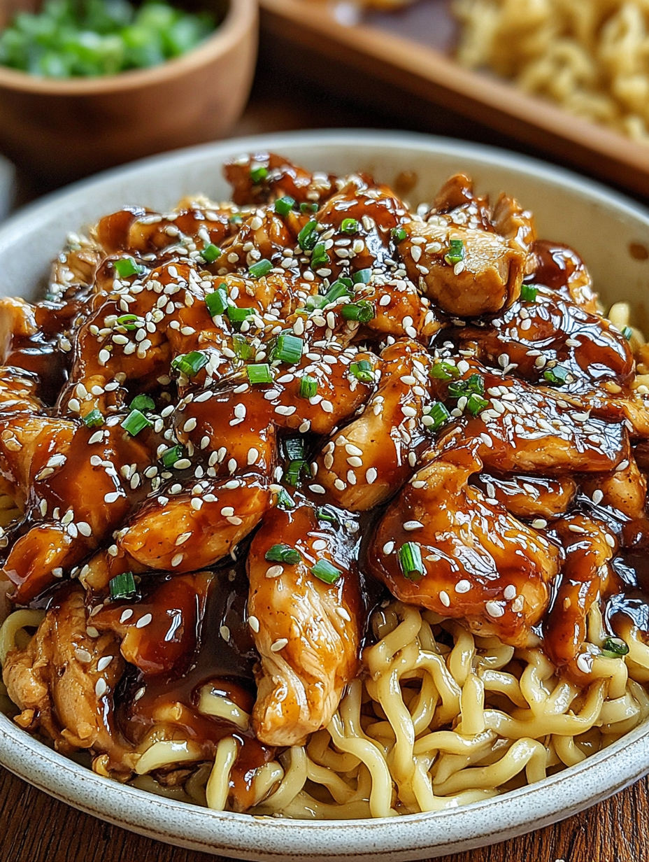 A bowl of chicken with sauce and garnish.