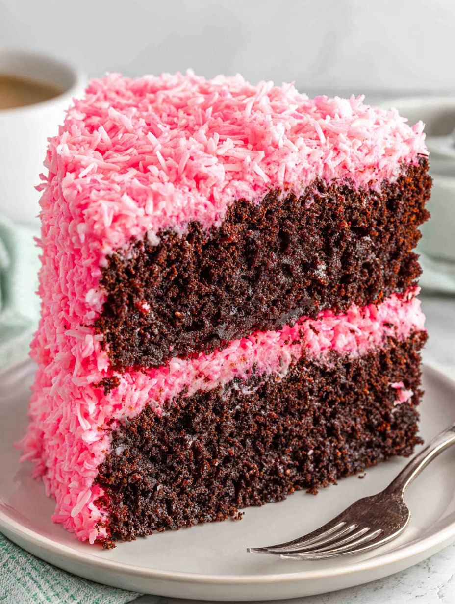 A slice of pink and brown cake.