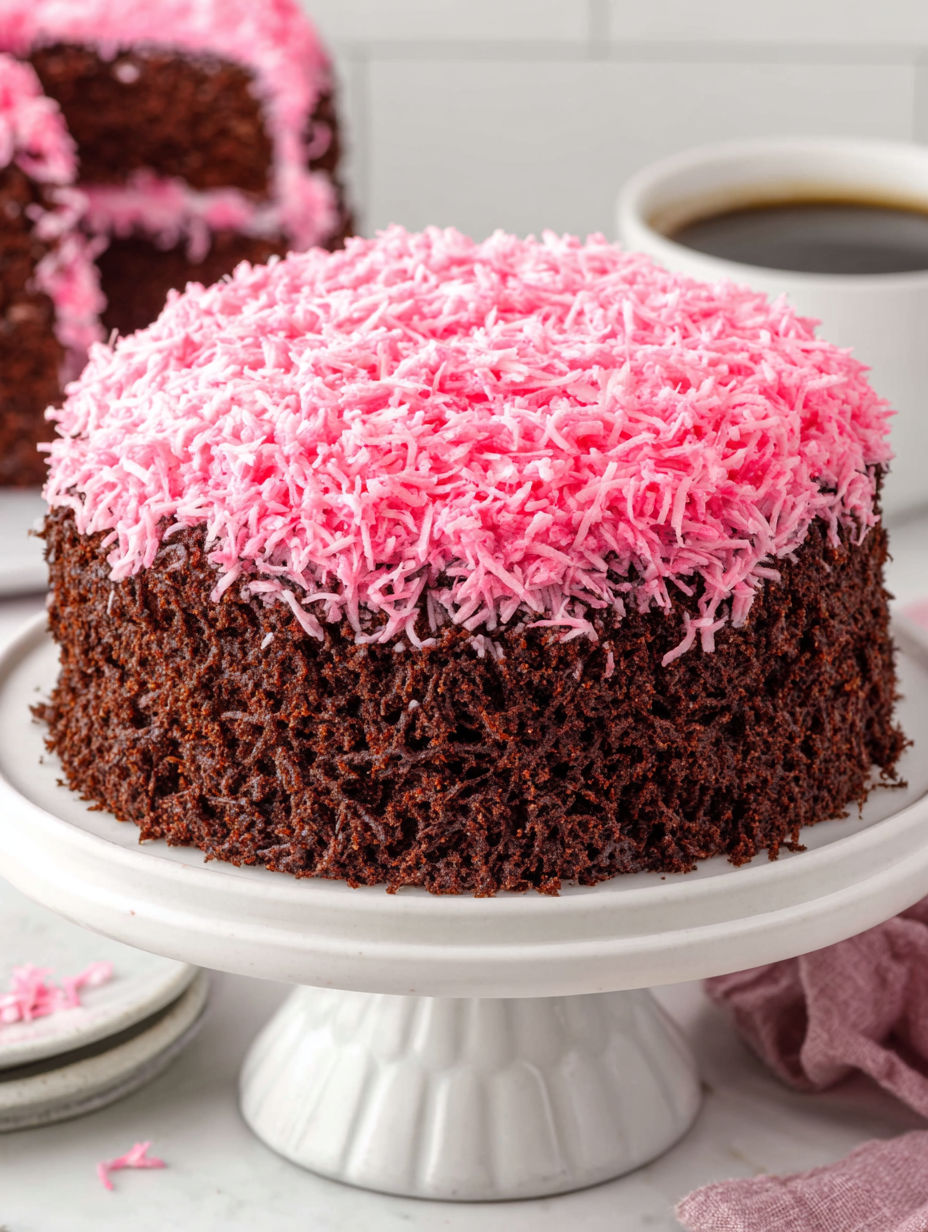 A cake with pink frosting and sprinkles on a plate.
