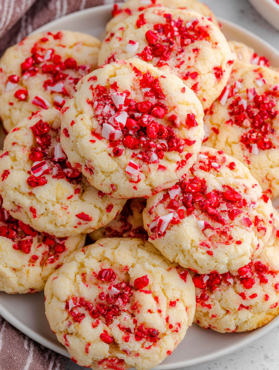 A plate of cookies with red and white sprinkles.