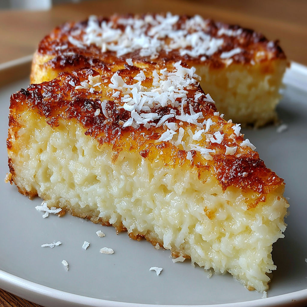A slice of crustless coconut pie dessert.
