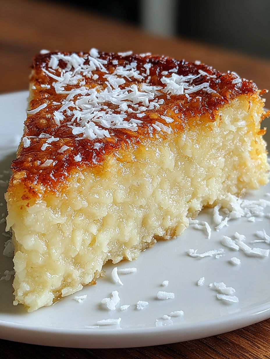 A slice of cake with coconut on top.