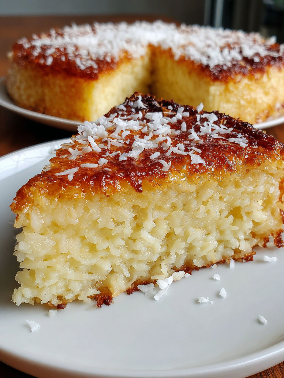 A slice of cake with coconut on top.