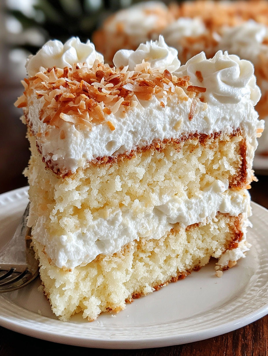 A slice of coconut cloud cake.