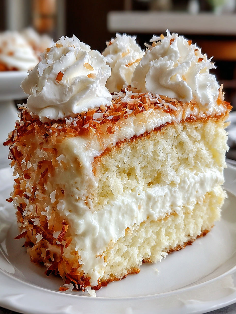 A slice of coconut cloud cake on a plate.