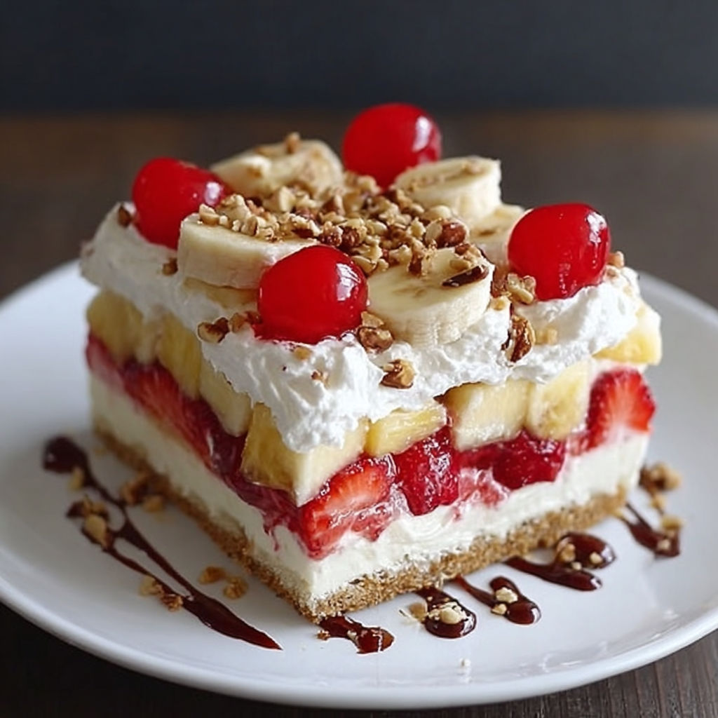 A slice of a layered banana split cake with strawberries and bananas.