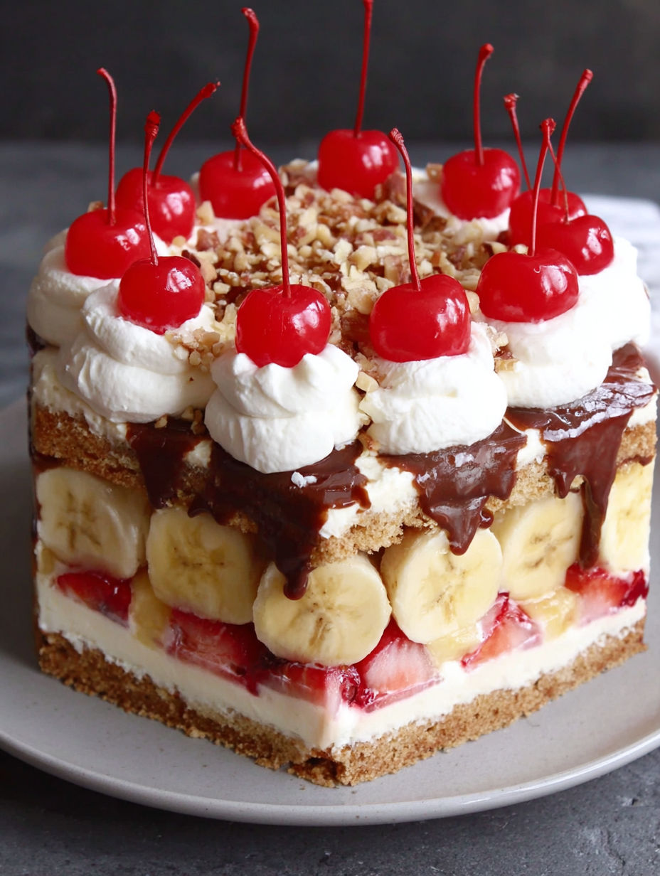 A slice of cake with bananas and cherries.