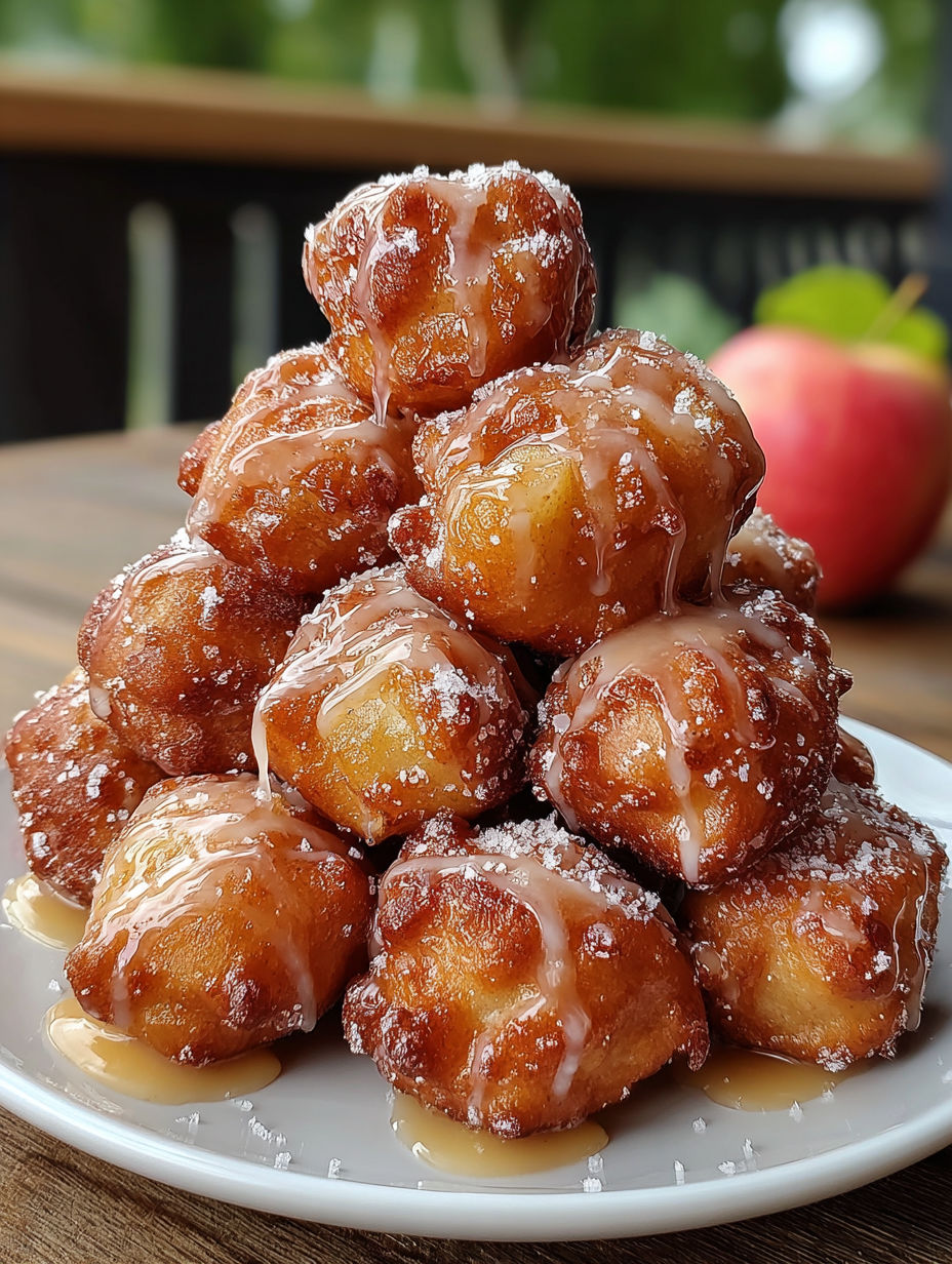 A stack of doughnuts with sugar and syrup on top.