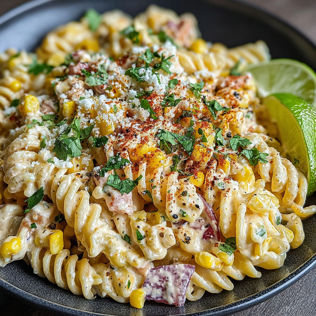 A bowl of Mexican street corn pasta salad.