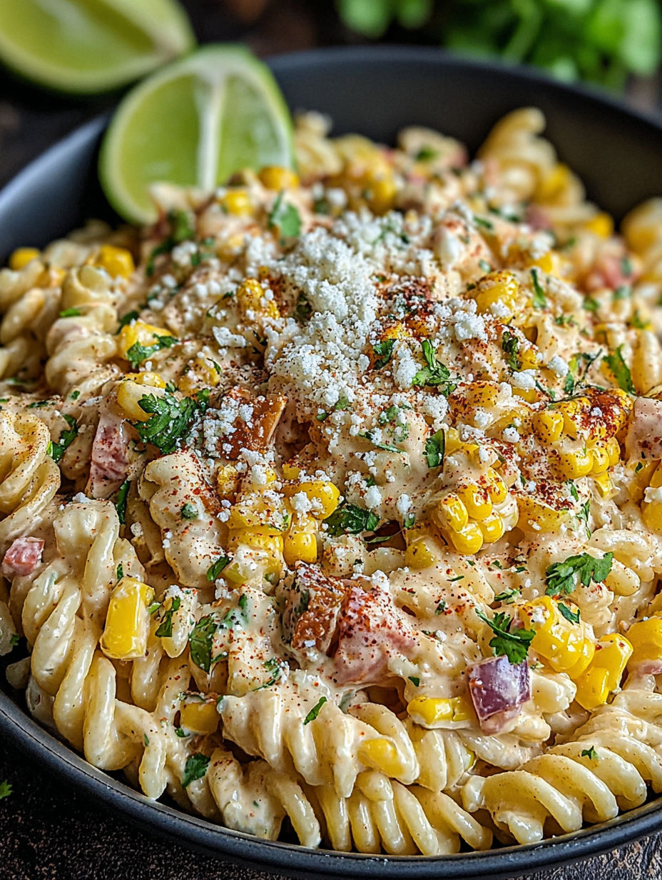 A bowl of Mexican street corn pasta salad.