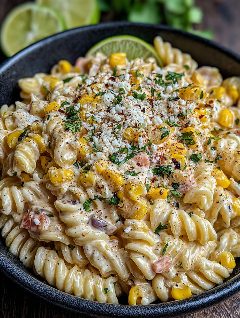 A bowl of Mexican street corn pasta salad.