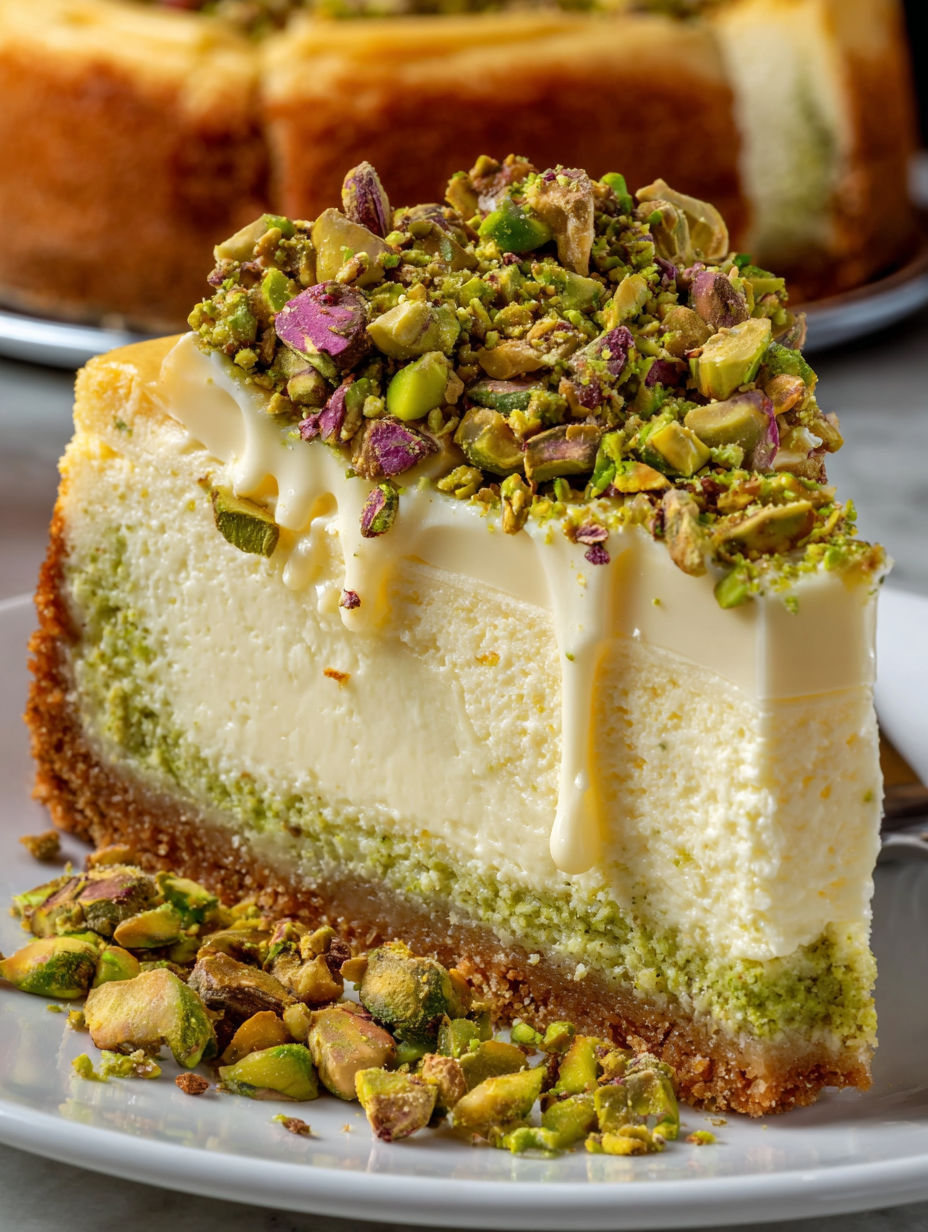 A slice of pistachio cheesecake with toppings.