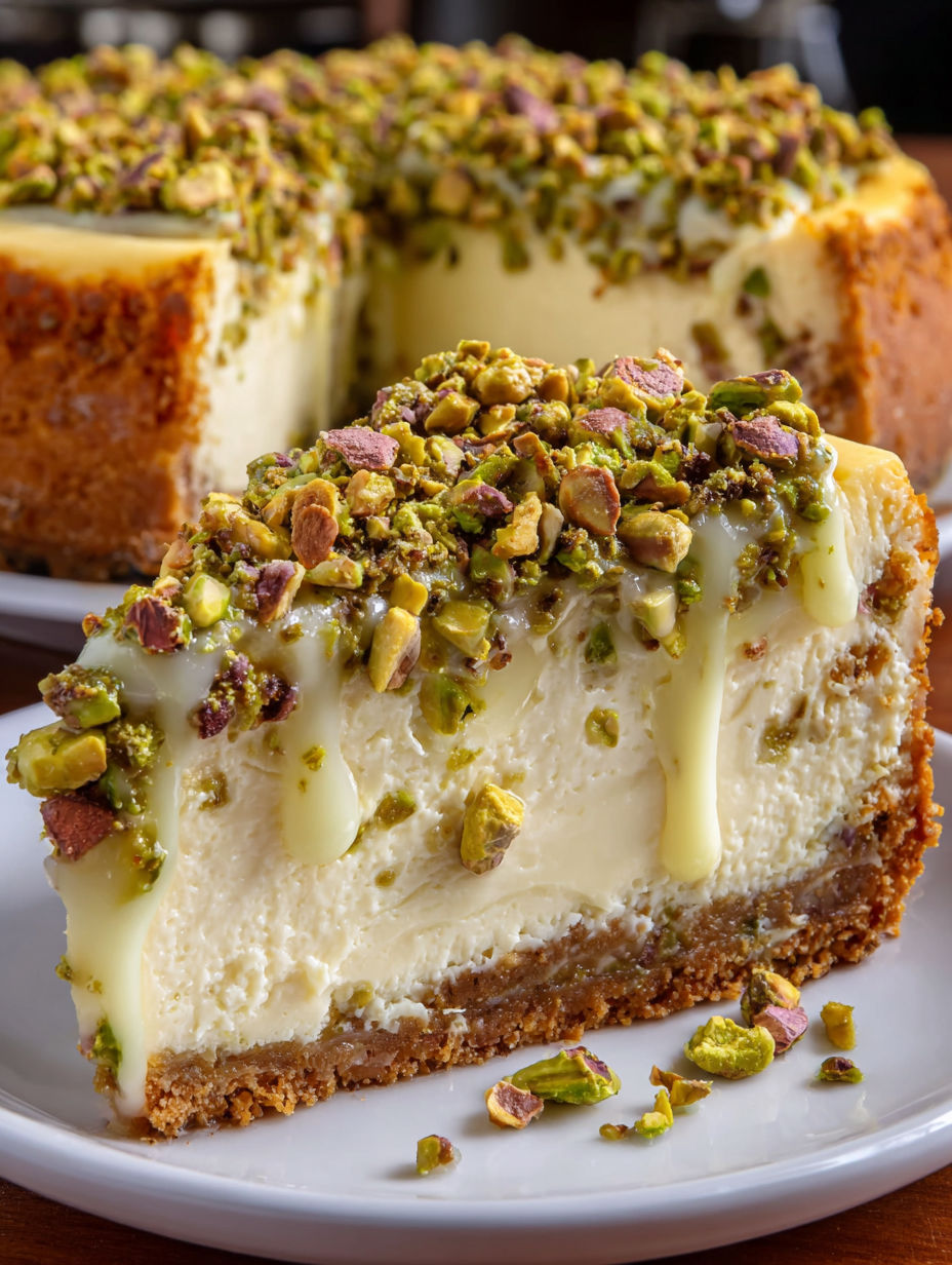 A slice of pistachio cheesecake with topping.