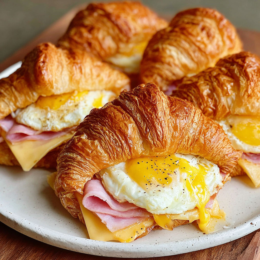 A plate of croissants with eggs and cheese.