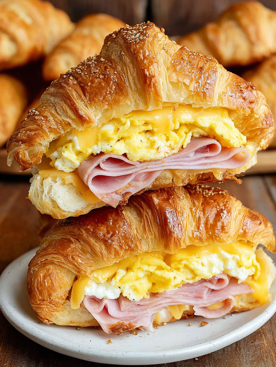 A croissant sandwich with ham and cheese.