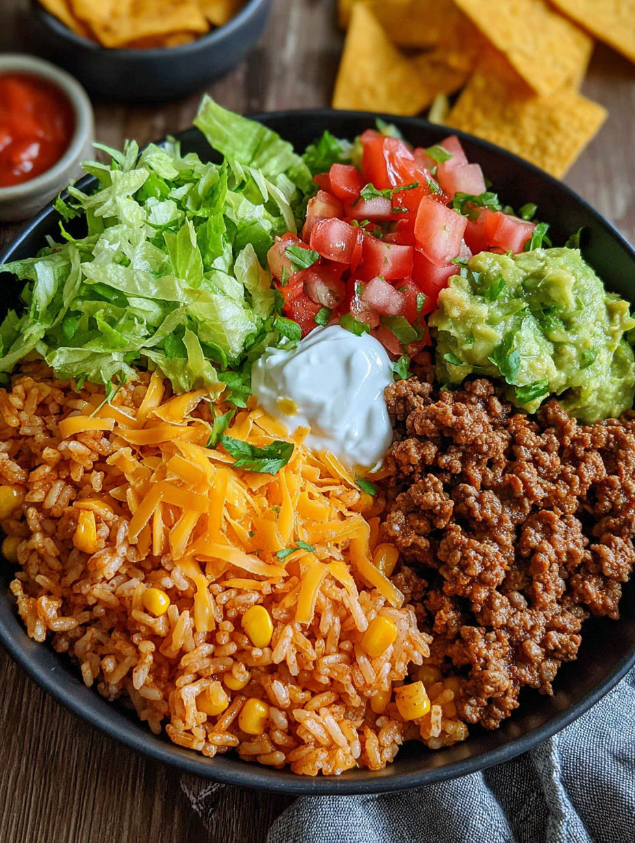 A bowl of food with rice, cheese, tomatoes, lettuce, and sour cream.
