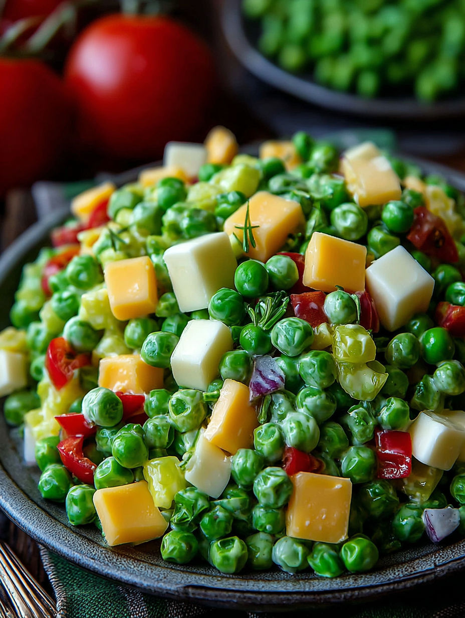 A bowl of vegetables including peas, tomatoes, and cheese.