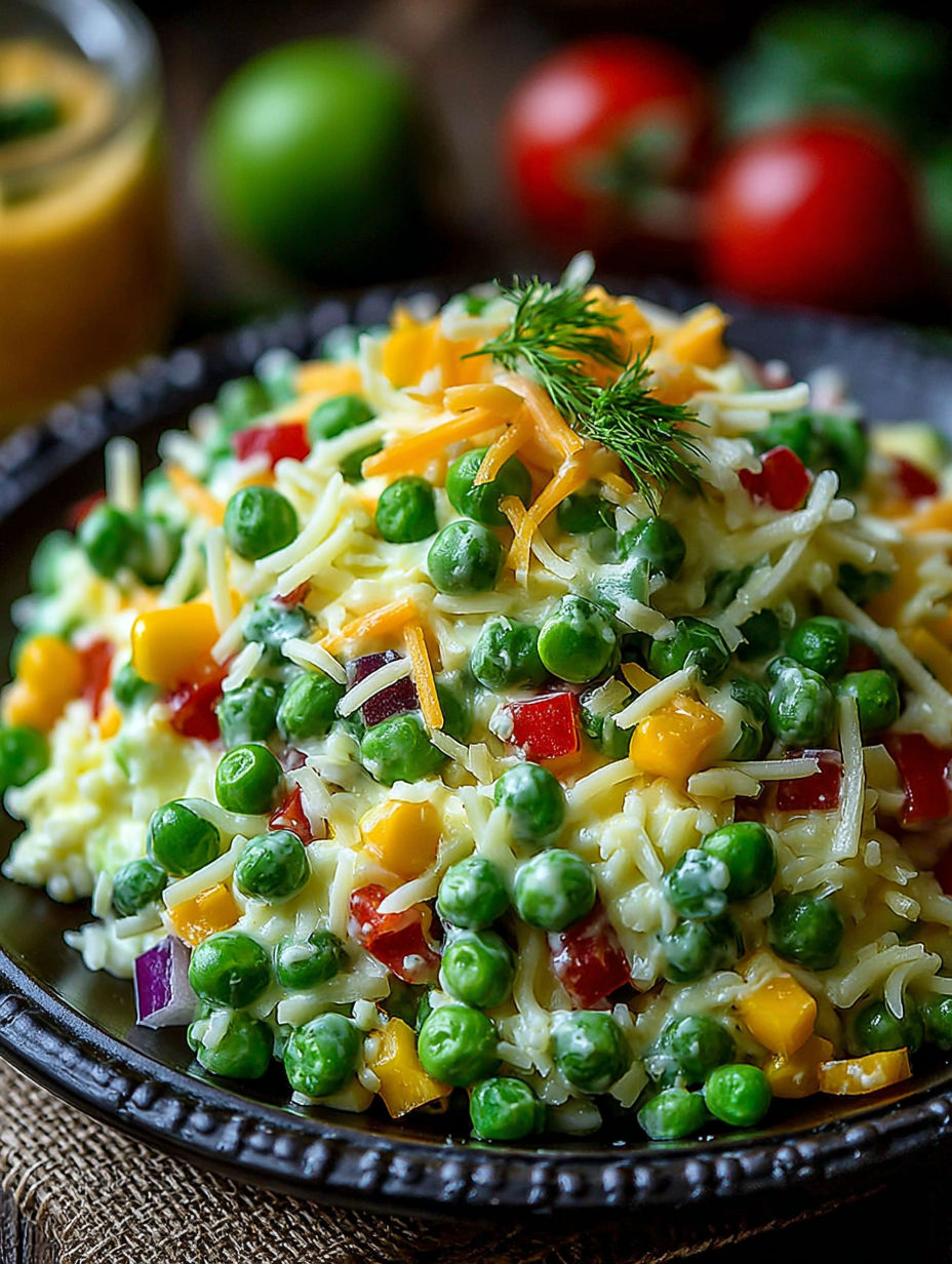 A plate of food with peas and cheese.
