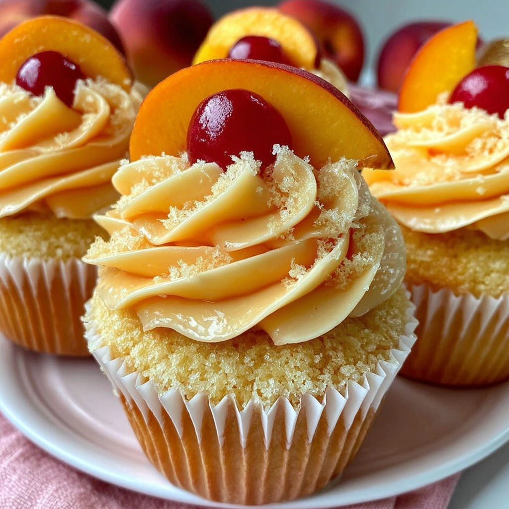 Two cupcakes with peach toppings.