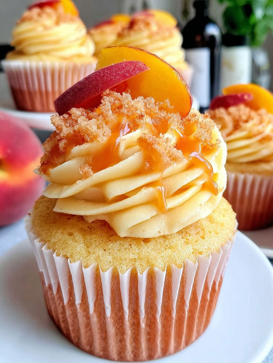 A cupcake with peaches and caramel on top.
