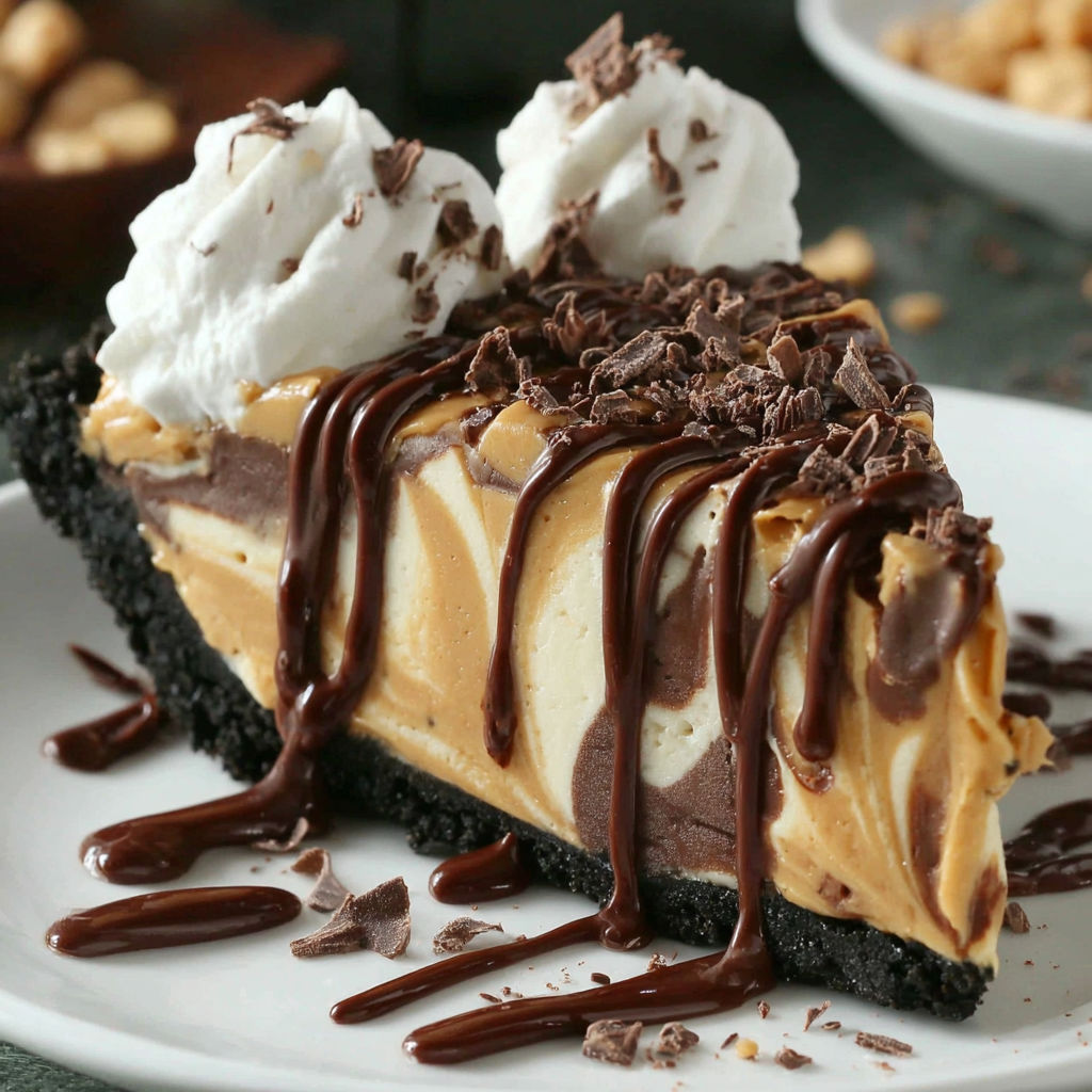 A slice of chocolate peanut butter swirl pie.