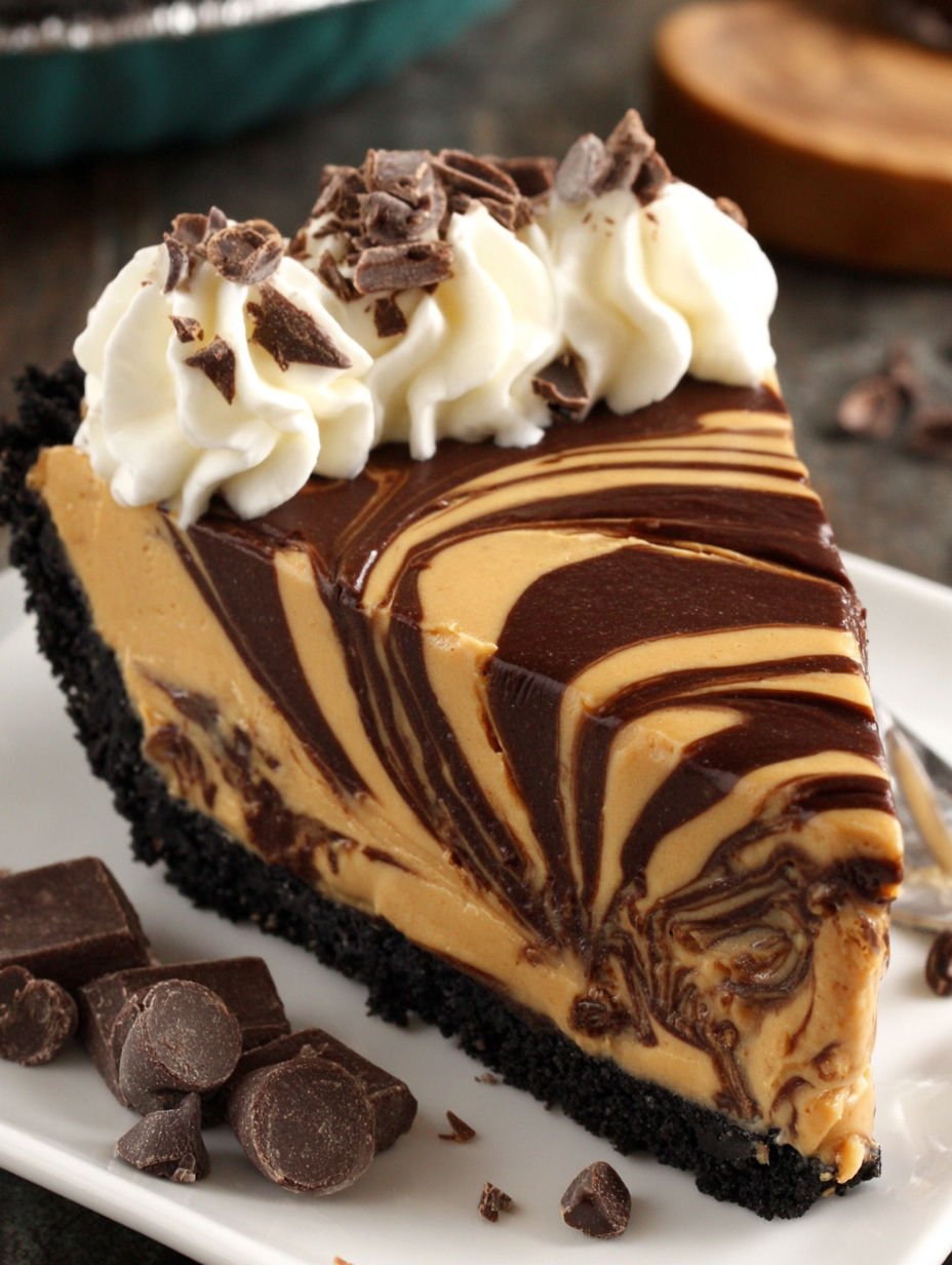 A slice of chocolate peanut butter swirl pie.