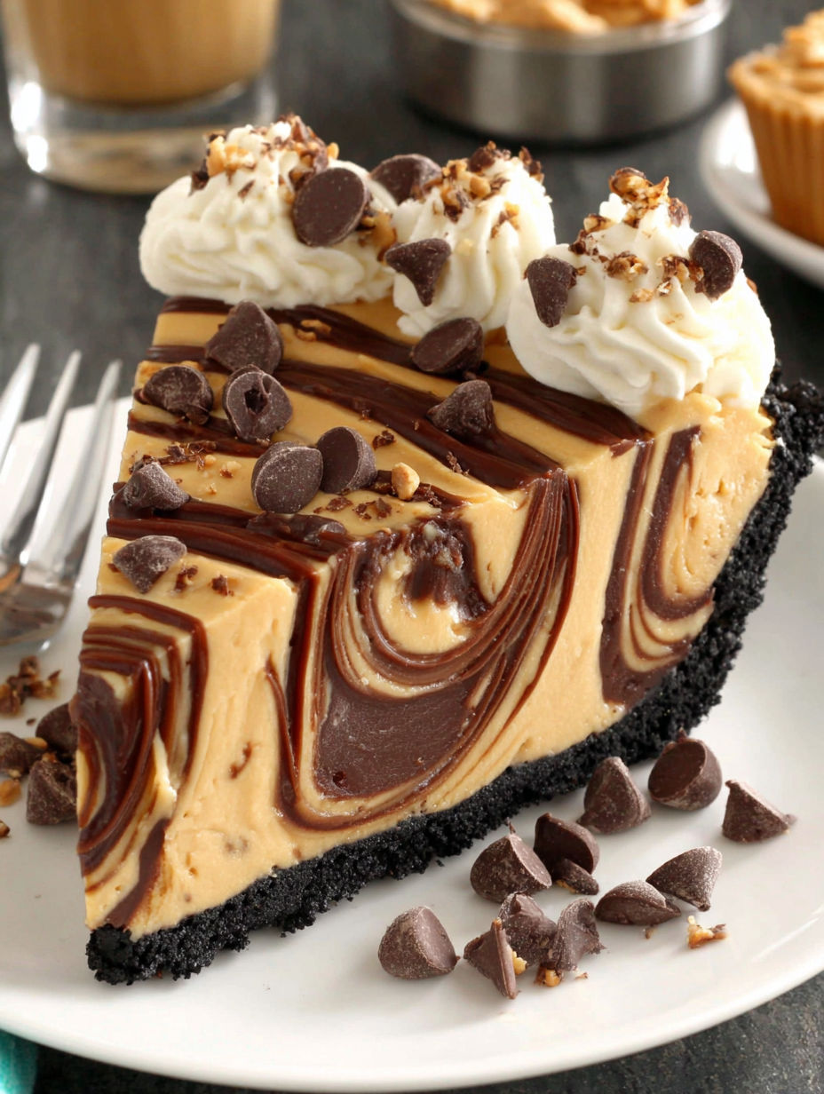 A slice of chocolate peanut butter swirl pie.