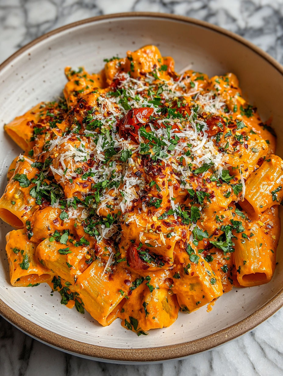 A bowl of pasta with tomatoes and garlic.