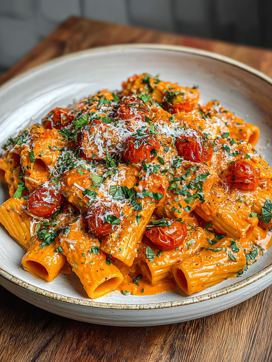 A plate of pasta with tomatoes and garlic.