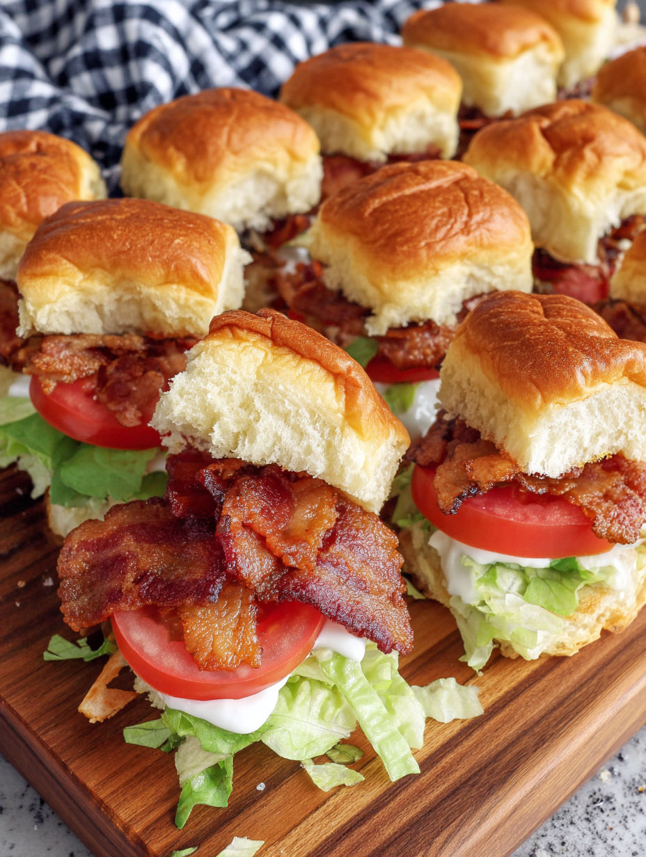 Bacon and tomato sandwiches on a wooden cutting board.