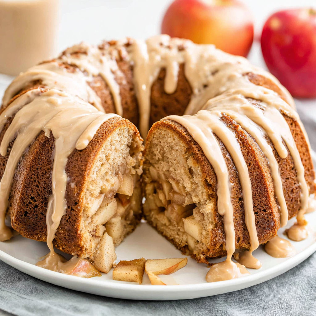 A bundt cake with caramel sauce and apple slices.