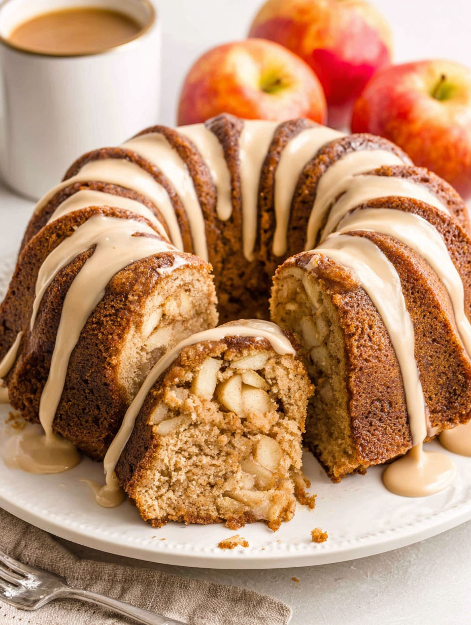 A bundt cake with caramel icing and nuts.