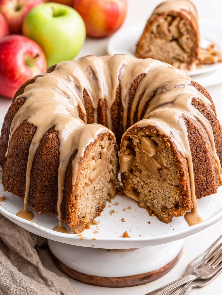 A bundt cake with caramel drizzle.