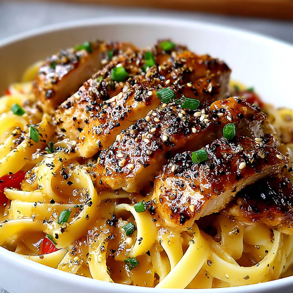A bowl of pasta with chicken and peppers.